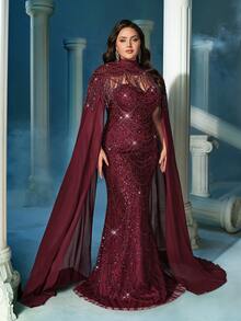 LUVISTRUE Plus Size Sequin Embellished Stand Collar Formal Dress Gown, Suitable For Formal Dinner (Highly Decorative) Wedding Spring - Burgundy - View 6
