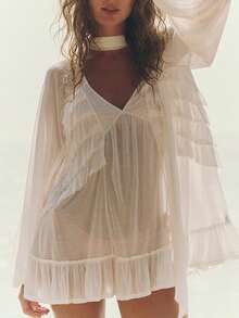 Women Ruffle Layered Flowy Shirt With Scarf Long Sleeve Tiered Peplum Babydoll Blouse Sheer Chiffon Summer Oversized Casual Peasant Tank Top Semi See Through Layers Vacation Beachwear Going Out Top - trắng - Xem 3