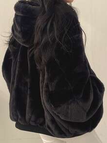 Women's Reversible Oversize Faux Shearling Lined Hooded Jacket Winter Y2K 2 Way Wear Padded Coat - 黑色 - 查看 4