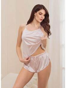 4Pcs Womens Silk Pajama Sets Satin Pajamas Set Sexy Cami Lingerie Pjs Nightwear Silky Pj Loungewear Sleepwearhalloween - 淡腮紅 - 查看 11
