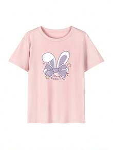 100% Cotton Ladies Short Sleeve T-Shirt, Stylish, Loose, Casual Crew Neck Top - 粉色 - 查看 2