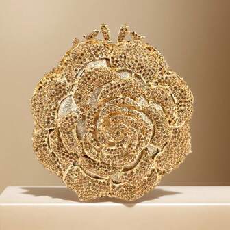 Women Round Rose Flower Rhinestone Clutch Bag Elegant Crystal Bride Purse