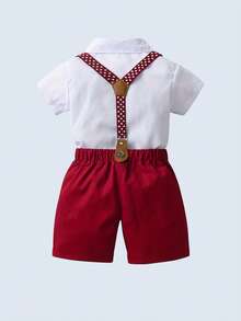 BOARNSEORL 2pcs Young Boys Gentleman Outfit - Red Suspender Pants And White Shirt With Bow Tie, Suitable For Holidays, Weddings, Christmas Parties, New Year Celebrations, Birthday, And Baby Shower - Red and White - View 5