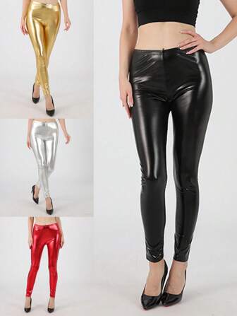 1pc Glossy Fashionable Tight Leggings, High Stretch Solid Color Plus Size Skinny Pants, Suitable For Daily Wear, Party, Performance Matching, Gift