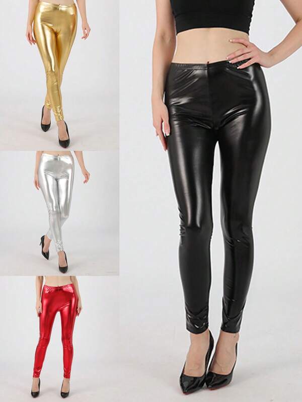 1 pieza Leggings ajustados y brillantes de moda, pantalones ceñidos de unicolor y de alta elasticidad en talla grande, aptos para uso diario, fiesta, combinación de vestuario, regalo