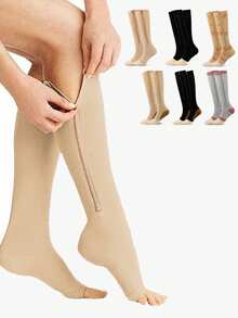 1 par de calcetines deportivos de tobillo con cremallera de dedo abierto para mujer, mangas de compresión para piernas para uso diario en yoga o gimnasio - Multicolor - Ver 1