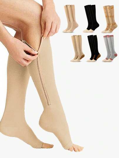 1 Pair Women Sports Ankle Socks With Zipper Open Toe, Compression Stockings Leg Sleeves For Daily Yoga Or Gym Wear
