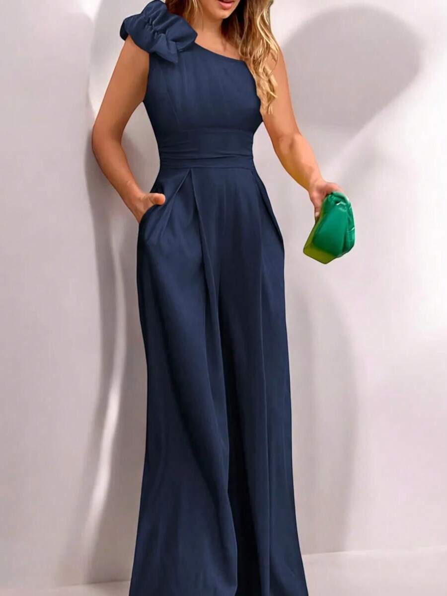 Mono De Mujer Elegante De Moda  Liso    Elegante  Fiesta    Volante  Plisado  Cremallera    Ideal Para  Fiesta de Cumpleaños  Despedida de soltera - Azul Marino - Ver 1