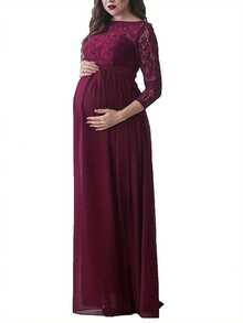 Pregnant Women Lace Dress, Maternity Maxi Gown Photography Clothes, 3/4 Sleeve Wedding Party Dress - 酒紅色 - 查看 2