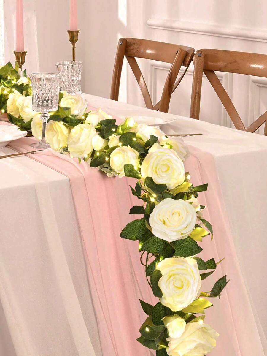 1/2 件人造玫瑰花环，配 2 米 LED 灯串，白玫瑰花环，假花，适用于圣诞节装饰、家居装饰、房间装饰、性别揭示装饰、教室装饰、卧室装饰、婚礼装饰、新娘送礼会、派对装饰、迎婴派对、婚礼、露台装饰