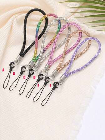 1pc Shiny Crystal Rhinestone Wristlet Key Chain, Nylon Anti-Lost Short Mobile Phone Strap Stand, Headphone Case Pendant, Shiny Crystal Keyring, Suitable For Phone, Key, Wallet - Rainbow Color