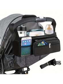 1pc Black Baby Stroller Hanging Storage Bag, Multi-Functional Diaper Caddy With Cup Holder, Detachable Phone Pouch And Shoulder Strap, Portable Design