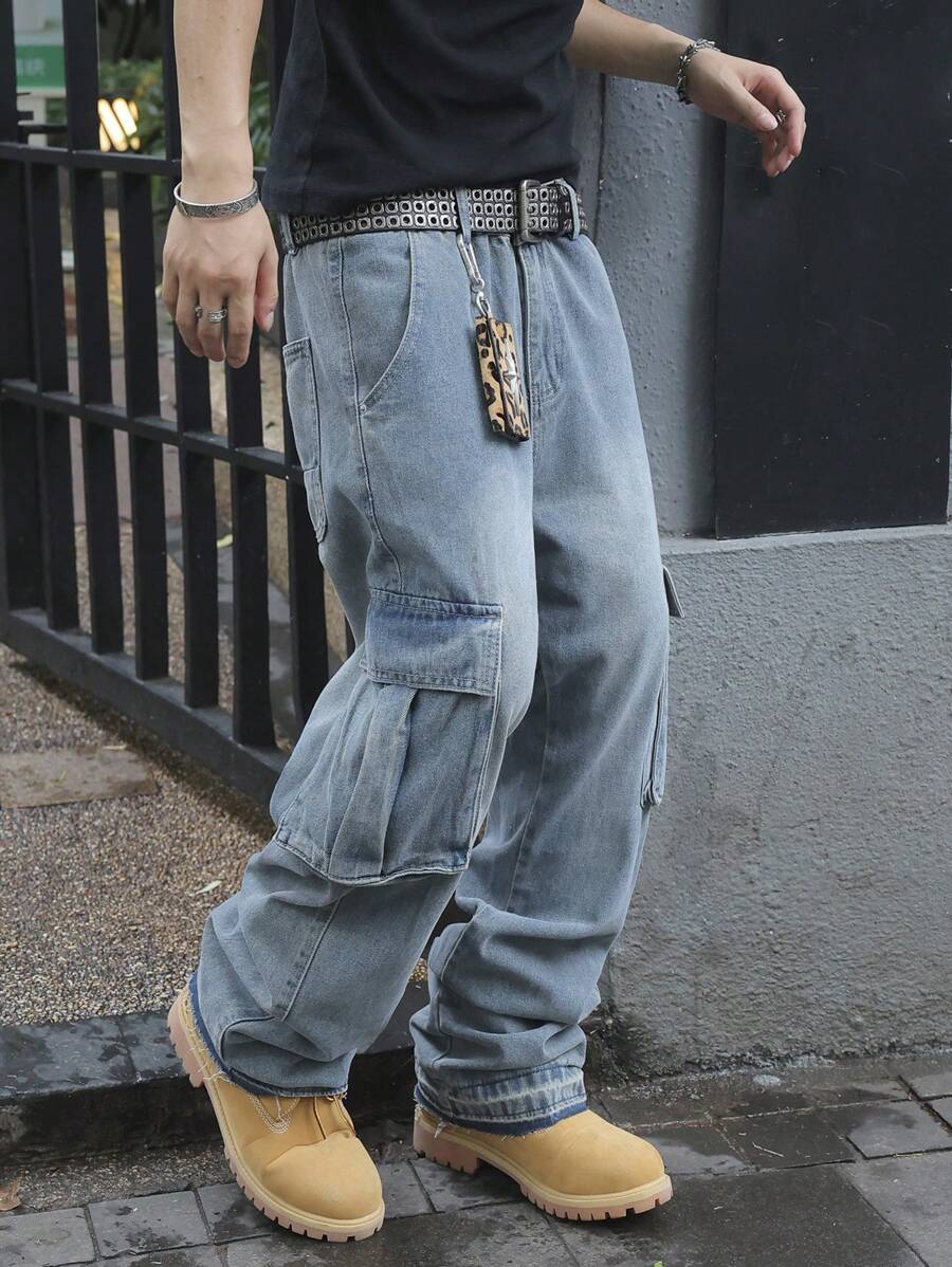 Jeans informales y sueltos con efecto desgastado y parches, de algodón lavado