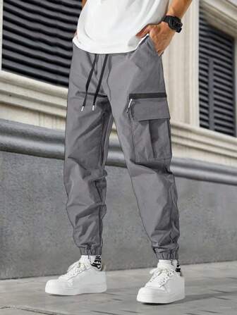 男士休闲纯色拉链无弹力工装裤，户外徒步抽绳裤