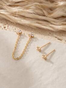 3 pièces/set de boucles d'oreilles délicates avec chaîne en zircone cubique, clip ou percées, convenant pour le port quotidien, les fêtes et événements (la quantité par emballage est seulement pour une oreille)