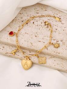 1pc Fashionable Stainless Steel A-Z Heart-Shaped Letter Pendant Bracelet, Women's Initial Butterfly, Heart, Sun, Clover Pendant Bracelet, Couple Jewelry Gift, Suitable For Daily Wear - Bracelet - View 8