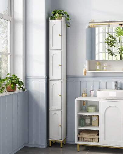 HEXCELEN Szafka łazienkowa, wysoka szafka łazienkowa, wysoka szafka do przechowywania z czterema drzwiami, wąska, nadaje się do łazienki, gabinetu i salonu, biała, 20 x 20 x 180 cm