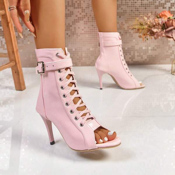 Women's Pink Fashion High Heel Ankle Boots, Ladies Open Toe Solid Color Vintage Stiletto Sexy High Heel Sandals