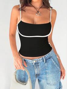 Mystra 女式夏季短款无袖撞色休闲背心 - 黑色 - 查看 3