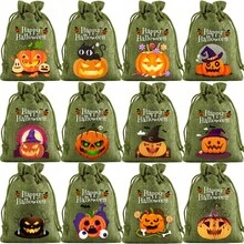 12pcs/Pack Halloween Burlap Print Gift Drawstring Pouches, Funny Pumpkin Pattern Gift Bags Suitable For Halloween Party, Halloween Decoration