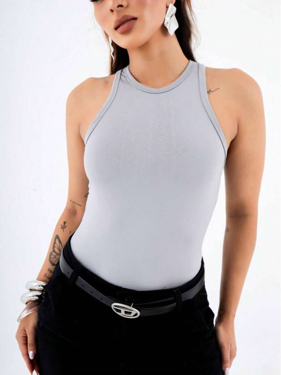 Women's Ribbed Cotton Tank Top Summer Blogger Fashion - Grey - View 1