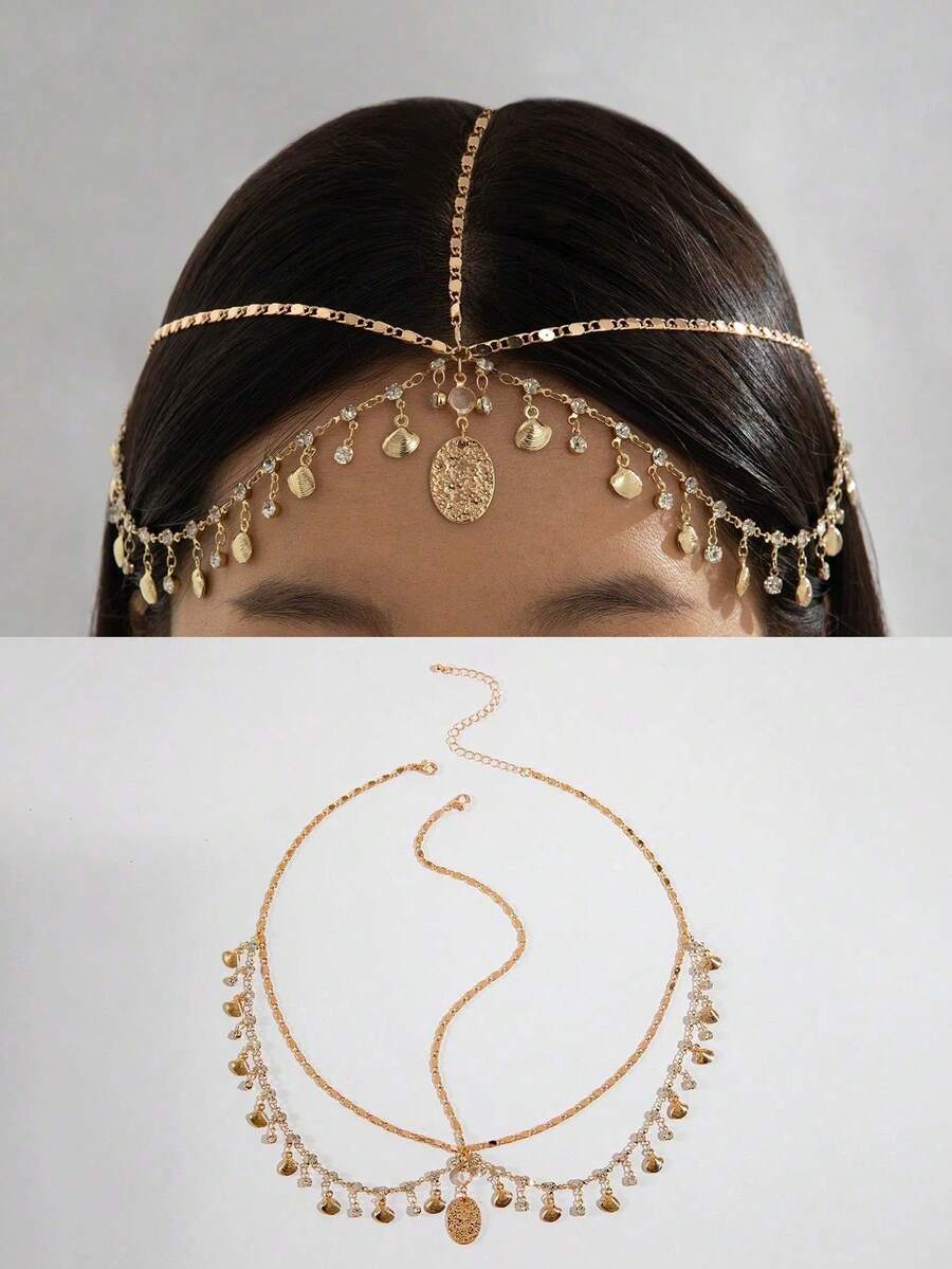 1pc Fashionable & Minimalist Iron Chain Tasseled Diamond Geometric Round Base Chain Necklace For Women, Party Gift (Hand-Made Chain, Cut To Size, Random Number Of Rhinestones) - 28467 Gold - View 1