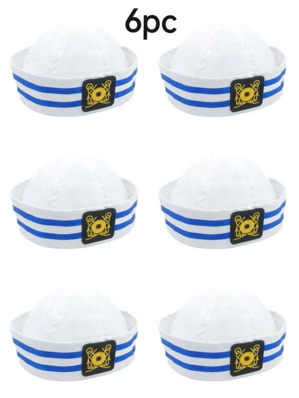 12/6pcs Navy & Light Blue Striped White Sailor Cap, Unisex Costume Party Accessory