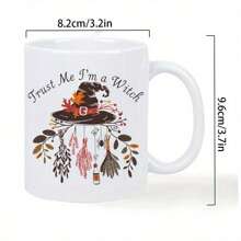 Hexen Keramik Kaffeebecher - wiederverwendbare isolierte Camping Tasse mit Hexenhut, Fledermaus und Spinnwebenmuster - Nur Handwäsche, geeignet für Outdoor-Enthusiasten und Halloween Geschenke - Unisex weißer Becher