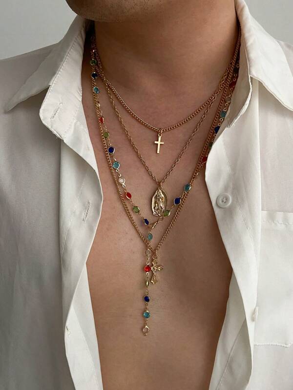 4pcs/Set Vintage Luxury Colorful Crystal Y-Shaped Necklace, Men Punk Metal Jesus Cross Pendant Long Necklace Set