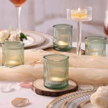 6Pcs Ribbed Blue Votive Candle Holders, Tea Light Candle Holders For Table Centerpiece, Blue Candle Holders For Wedding Decor, Home And Holiday Decor