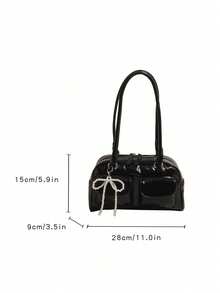 新款时尚经典纯色PU防水女士手提包，串珠蝴蝶结装饰设计，大容量单肩包，贝壳包，适合购物、通勤、旅行 - 黑色 - 查看 5
