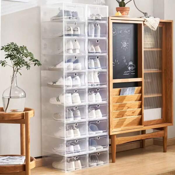 6/12pcs Shoes Storage Box, High-End Collection For Sneakers, Sports Shoes, High Heels, Thick Transparent Lid, Simple Plastic Foldable Shoe Rack, High Quality Shoe Box