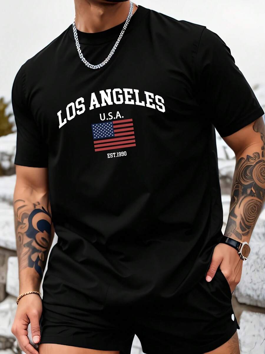 [USA Flag Print T-Shirt - 4th Of July] Los Angeles USA Flag Print Crew Neck T-Shirt - Men's Casual With Slight Stretch Cotton Knit  Graphic Tee -For Funny Dads - Perfect Gift For Cotton Tops Short Sleeve, Comfort Tee, Casual Street Style Summer Tee - 黑色 - 查看 1