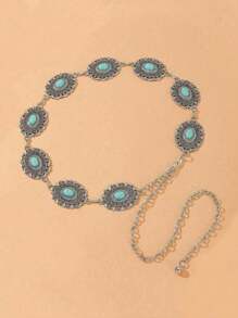1 buc Lanț de talie argintiu vintage pentru femei, mărime plus, vară, stil boho occidental, cu flori turcoaz sculptate, potrivit pentru blugi, rochii, petreceri, camping, festivaluri
