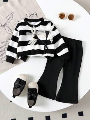 طقم ملابس علوية أكمام طويلة مخططة باللون الأسود وبنطلون أسود لطفلة ذات طراز كاجوال كولدج، مناسب للربيع والخريف، قطعتان