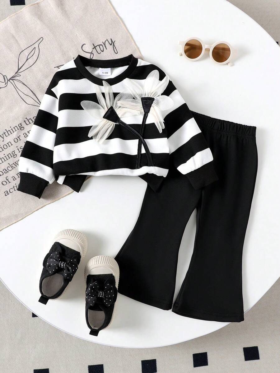 2pcs Baby Girls Casual Striped Long Sleeve Top + Flared Pants Set, Spring/Autumn - Black and White - View 1