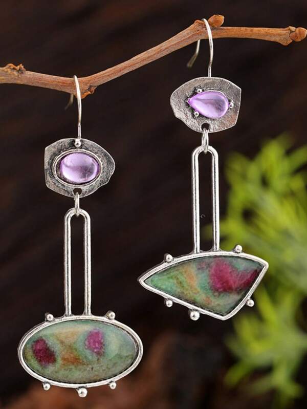 Boho Men's Earrings - Asymmetrical Pendant With Smooth Purple And Green Gemstones Inlay, Golden Metal Personalized Jewelry Suitable For Party And Special Occasions, Bohemian Earrings, Party Accessories, Elegant Decoration, Unique Craftsmanship, Golden Plated