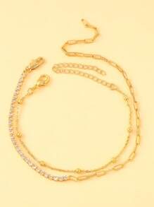 2 Stück Damen Mehrschichtiges goldenes Fußkettchen-Set mit Strass-Perlen-Kette, verstellbarer Sommerstrand Barfuß Accessoire