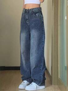 Spring Jeans Women's Y2k Grunge Baggy Jeans Hip Pop Wide Leg Jeans Mid Waist Vintage Boyfriends Jeans Denim Pants Streetwear - 深色水洗藍 - 查看 1