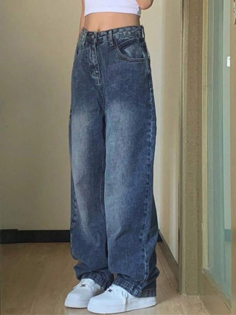 Spring Jeans Women's Y2k Grunge Baggy Jeans Hip Pop Wide Leg Jeans Mid Waist Vintage Boyfriends Jeans Denim Pants Streetwear - 深色水洗藍 - 查看 1