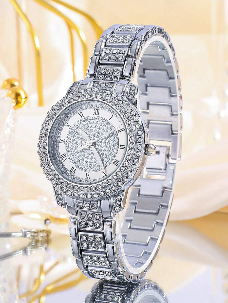 1 Stück silberne Damenuhr, modisch, luxuriös, elegant mit römischer Ziffernskala, Quarzuhr, geeignet für tägliches Outfit und als Geschenkidee