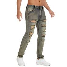 Pantalones Con Agujeros A La Moda Para Hombre - Azul lavado medio - Ver 2