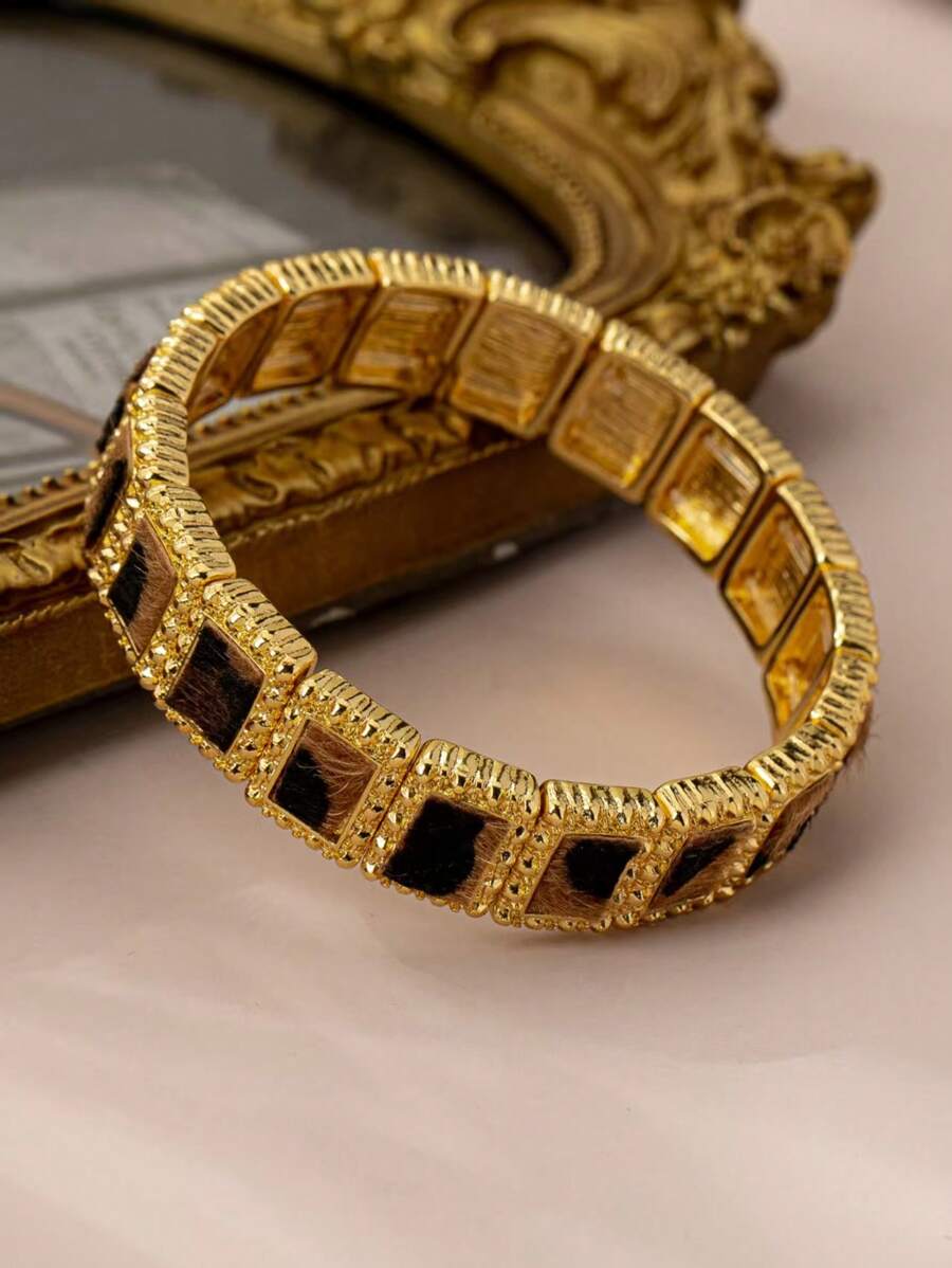 1pc Fashion Runway Exaggerated Leopard Print Punk Wild Nightclub Style Bracelet Wristband, Versatile Gift For Women, Ladies