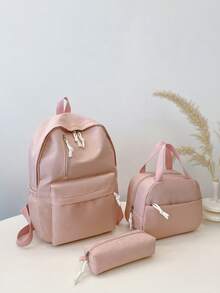 3pcs/Set Fashionable School Style Solid Color Backpack Set, Includes Backpack, Lunch Bag And Pencil Case, With Laptop Compartment, Adjustable Shoulder Straps, Multi-Pockets Large Capacity, Multi-Functional Backpack Set, Suitable For Girls/Teens/College Students/Graduates For Daily Use/Vacation/Travel/Back To School - Pink - View 10