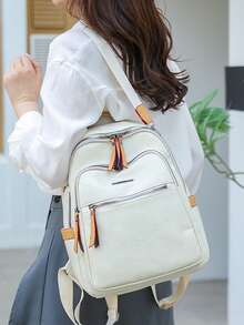 Fashionable Women's Travel Large Capacity Woven Material Convertible Shoulder/Backpack, Suitable For Computer/Student, Streetwear Style, School Backpack - Beige - View 3