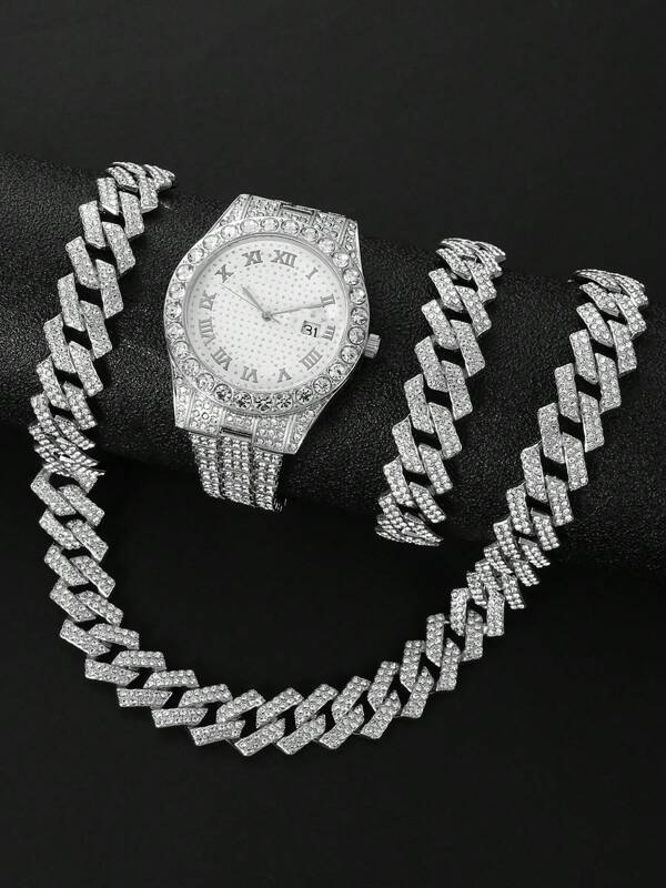 3pcs Fashionable Hip Hop Quartz Watch Set With Cuban Chain Bracelet And Necklace - Sparkling Rhinestones, Classic Design, Suitable For Men And Women To Wear And Gift Recommendation