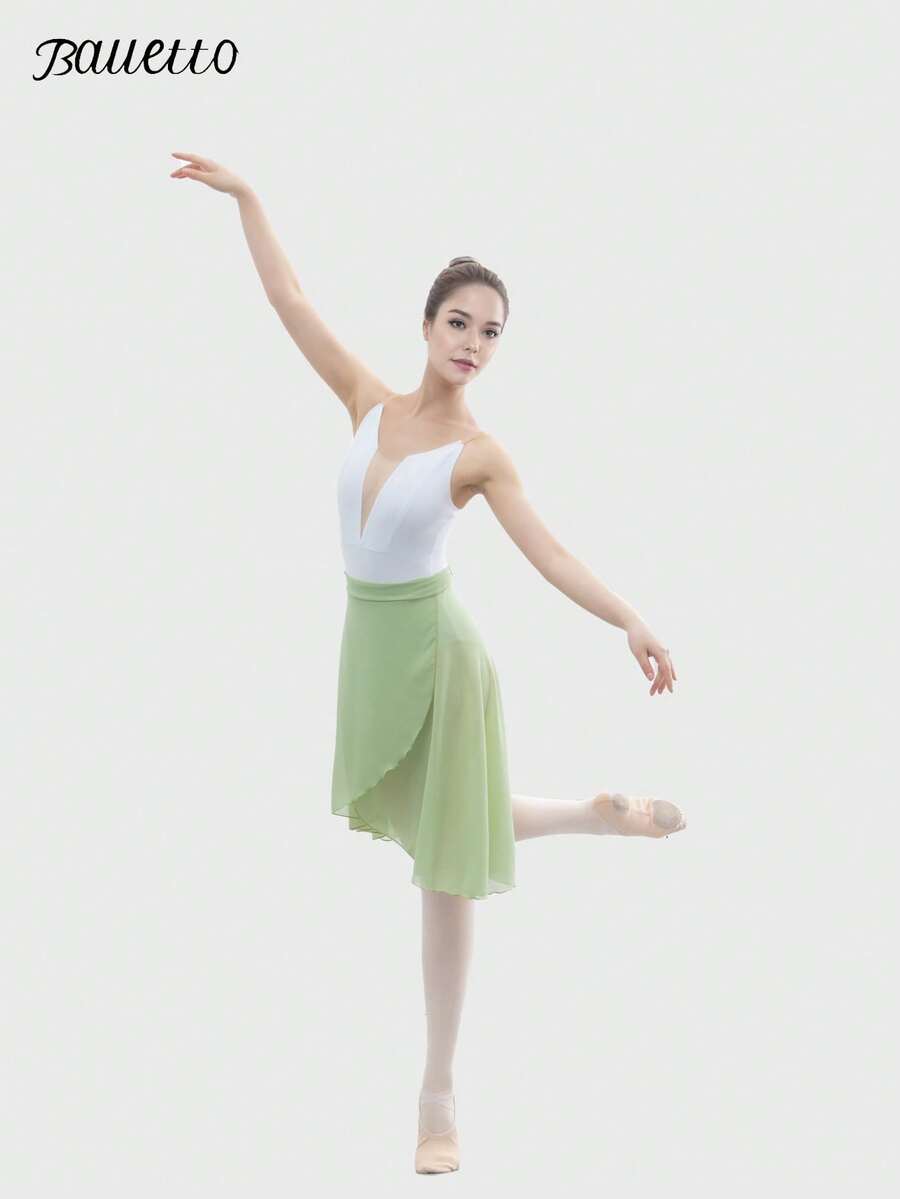 balletto Mid-Length Chiffon Wrap-Around Design Ballet Skirt, Solid Color For Dance Performance - màu xanh lá - Xem 1