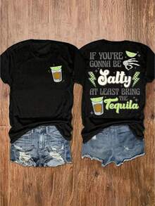 Unique 'If You Want To Be Salty' Pattern T-Shirt - Women's Casual T-Shirt With Fun Drink And Slogan Design, Round Neck, Short Sleeves, High-Quality Double-Sided Print, Perfect For Spring And Summer, 180g Pure Black