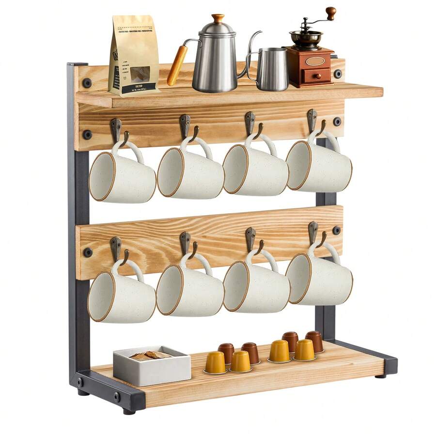 2-Tier Mug Tree Coffee Mug Holder Stand With Storage Base Mug Display Organizer Mug Holders Cup Storage Organizer For Home Kitchen Bar Counter Display Tea - Original Wood With Partitions - View 1