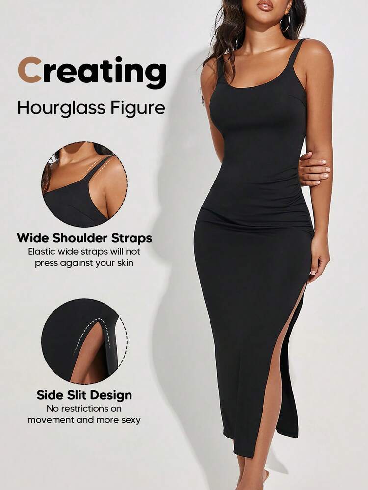 فستان صيفي نسائي ضيق بدون أكمام للتحكم في البطن ، فستان كاجوال حفلات - الأسود - مشاهدة 2